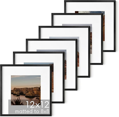 HAUS AND HUES 12x12 Black Metal Picture Frames Matted to 8x8 - Features Premium Aluminum & Hanging Hardware, Shatterproof Plexiglass - Ideal for Home, Room, Office (12x12 in, Black, Set of 6)