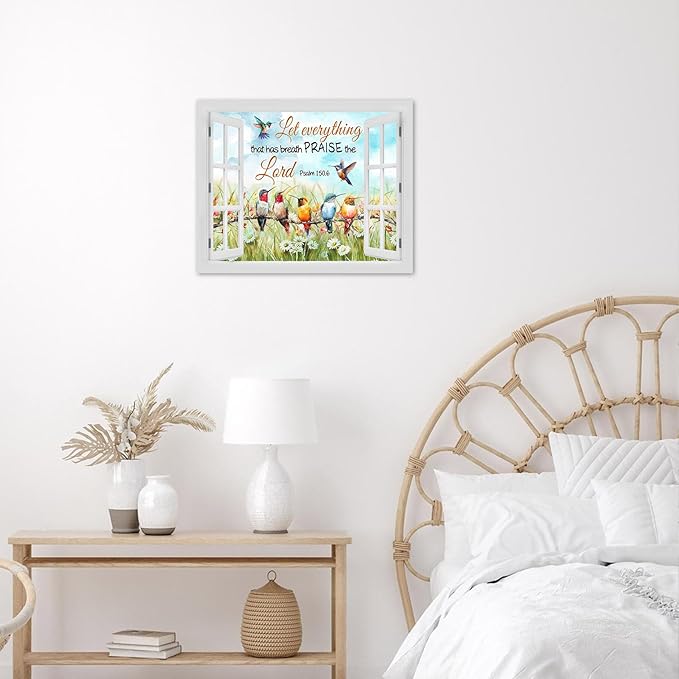 LB Watercolor Hummingbird Wall Art with Bible Quote - Floral Scripture Canvas Print Framed Ready to Hang, Vibrant Floral Bird Design for Living Room Bedroom Office Bathroom Decor, 16x20 Inch Home Gift
