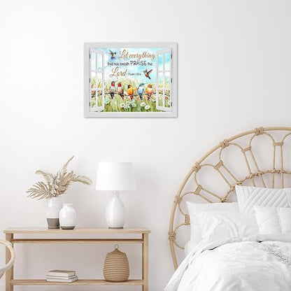 LB Bird Floral Quote Wall Art Watercolor Hummingbird with Bible Quote Flower Canvas Wall Art Nature Plant Window Wall Decor for Living Room Bedroom Bathroom Office Framed Ready to Hang 8L x 10W