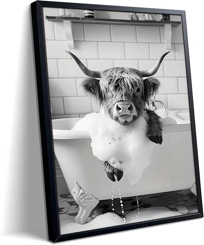 Highland Cow Bathroom Wall Art, Cute Black and White Animal Wall Decor Painting, Highland Cow in Bathtub Farmhouse Canvas Print Picture, Funny Bathroom Restroom Decor 16x24 Inch Wood Framed