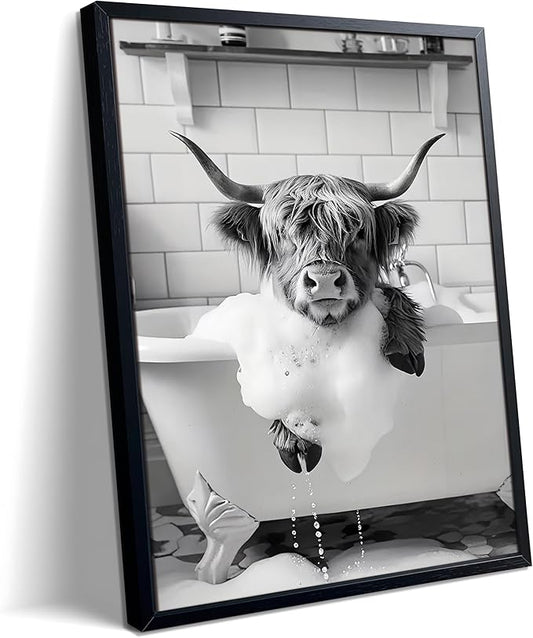 Highland Cow Bathroom Wall Art, Cute Black and White Animal Wall Decor Painting, Highland Cow in Bathtub Farmhouse Canvas Print Picture, Funny Bathroom Restroom Decor 12x16 Inch Wood Framed