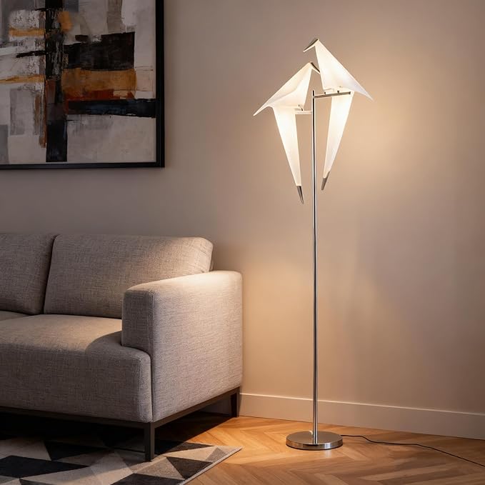 68 Inch Modern Bird Floor Lamp, Sliver Bird Swing Floor Light Fixtures for Bedroom, Unique LED Origami Crane Swing Standing Floor Lamp for Living Room