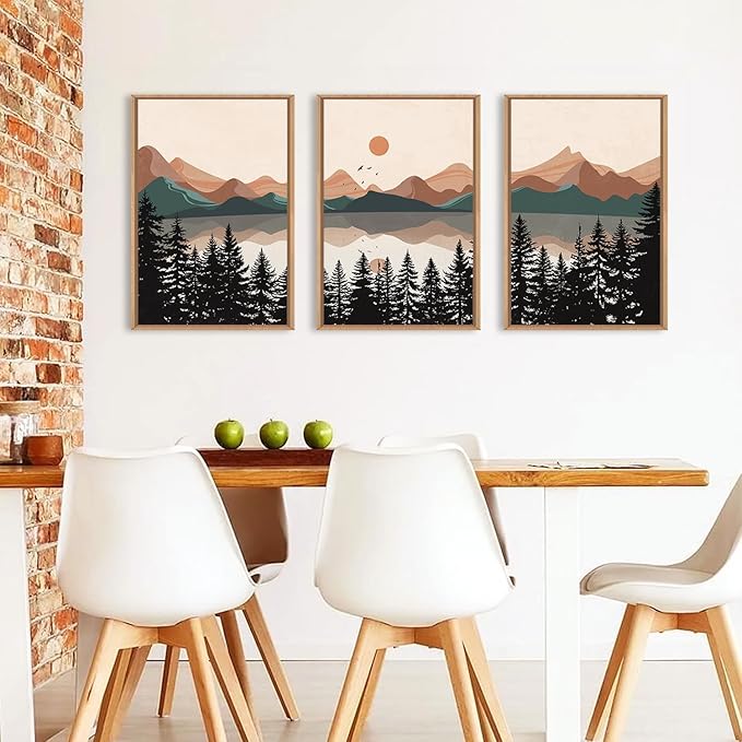 KAIRNE Vintage Mountain Lake Framed Canvas Wall Art Set, Mid Century Forest Wall Decor, Nature Pine Tree Art Prints, Modern Boho Sunset Artwork for Living Room,Bedroom,Farmhouse,Office-24 x36 x3