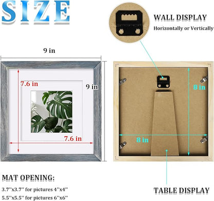 Egofine 8x8 Picture Frame Made of Solid Wood with Plexiglass, Display Pictures 4x4/6x6 with Mat or 8x8 Without Mat Set of 4 for Tabletop and Wall Mounting, Rustic Blue