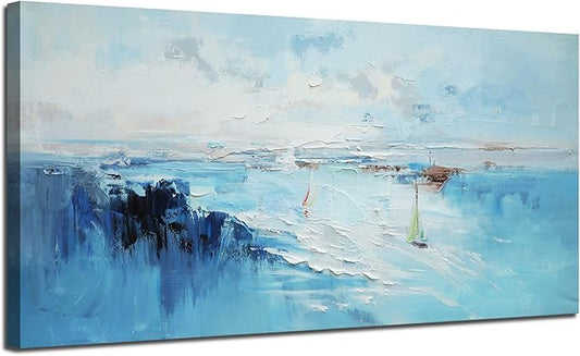 Ardemy Blue Wall Art Canvas for Living Room Textured Turquoise Painting for Bedroom Teal Artwork Framed Home Office Kitchen Dining Room Mens Room Wall Decor, Extra Large 58"x29"