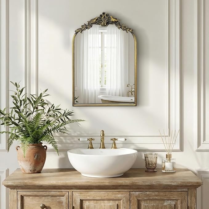 Antique Baroque Vintage Vanity Mirror 22x15Inch, Gold with Ornate Antique Frame, Arched Vintage Wall Mirror for Living Room, Fireplace, Entryway