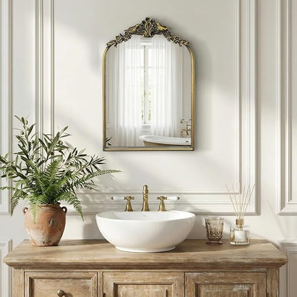 Antique Baroque Vintage Vanity Mirror 22x15Inch, Gold with Ornate Antique Frame, Arched Vintage Wall Mirror for Living Room, Fireplace, Entryway