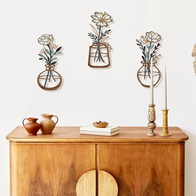 ARTINME 3 Pieces Metal Flowers Wall Arts - Rustic Farmhouse Decor Minimalist Flower Wall Decors for Living Room Bathroom Kitchen Bedroom Dining Room - Housewarming Gifts (Brown)