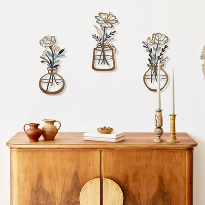 ARTINME 3 Pieces Metal Flowers Wall Arts - Rustic Farmhouse Decor Minimalist Flower Wall Decors for Living Room Bathroom Kitchen Bedroom Dining Room - Housewarming Gifts (Brown)