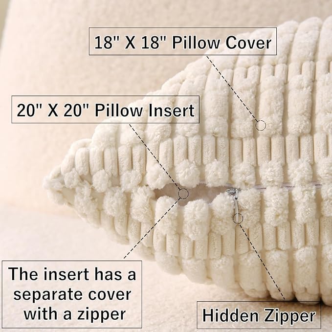 2 Pack Corduroy Decorative Throw Pillow with Inserts, 18x18 Inch Soft Boho Throw Pillow, Square Striped Throw Pillows for Couch, Bed, Sofa Decor(Beige)