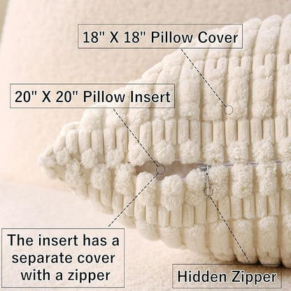 2 Pack Corduroy Decorative Throw Pillow with Inserts, 18x18 Inch Soft Boho Throw Pillow, Square Striped Throw Pillows for Couch, Bed, Sofa Decor(Beige)