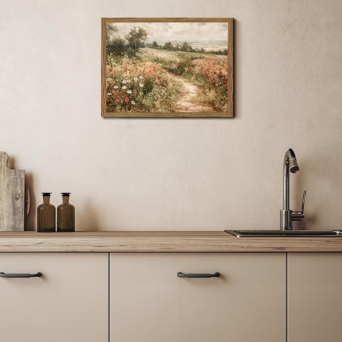 Vintage Floral Wall Art Nature Country Wildflower Wall Decor Painting Modern Botanical Flower Farmhouse Landscape Artwork 3D Textured Sandstone for Living Room Bedroom 24x36 inch Wood Framed