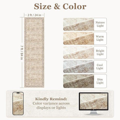 Neutral 2x7 Runner Rug Non Slip, Vintage Earth Tone Entryway Rugs for Inside House Mudroom, Kitchen Runner Rugs Non Skid Washable, Carpet Runner for Bathroom Laundry Room Bedroom Farmhouse