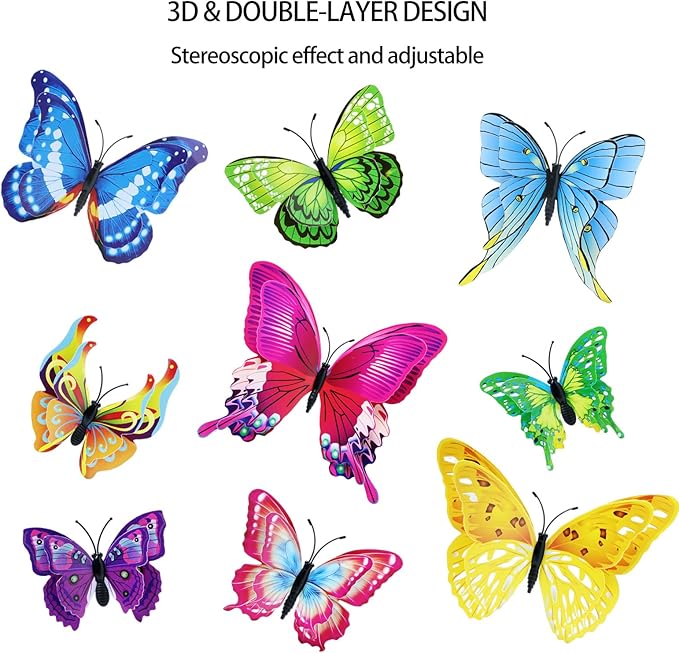 Butterfly Wall Decorations 12 PCS, 3D Butterflies Wall Stickers for Party Decorations Cake Decoration with Magnetts Removable Stickers Wall Decor Locker Decor Refrigerator Decal(Colorful)