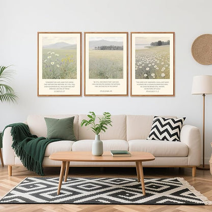 Aurlan Christian Bible Verses Scripture Framed Wall Art(24"x36"), 3PCS Boho Wildflowers Landscape Nature Canvas Artwork, Religious Luke12:27 Psalm46:10 Psalm23:1-2 Jesus Faith Gift Decor for Home Office Bedroom