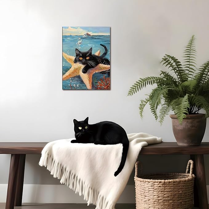 Yaneiro Funny cat canvas wall art, bathroom wall decor Starfish Cat A 16x24 inch Wrapped Canvas