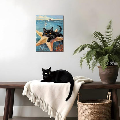 Yaneiro Funny cat canvas wall art, bathroom wall decor Starfish Cat A 16x24 inch Wrapped Canvas