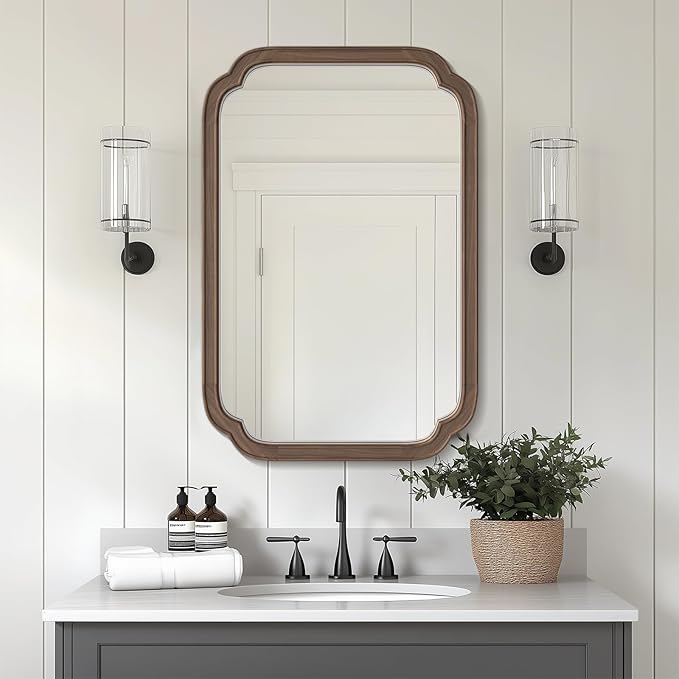 HOMECOOKIN Wood Bathroom Mirror for Wall Decor Arched Rounded Corner Rustic Wood Frame Wall Mirror Home Decorative for Vanity, Living Room, Bedroom, Entryway (20 x 30 inch, Walnut)