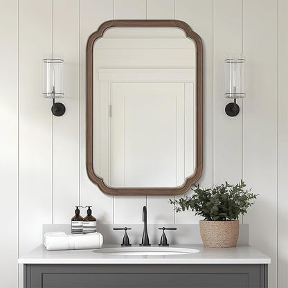 HOMECOOKIN Wood Bathroom Mirror for Wall Decor Arched Rounded Corner Rustic Wood Frame Wall Mirror Home Decorative for Vanity, Living Room, Bedroom, Entryway (20 x 30 inch, Walnut)