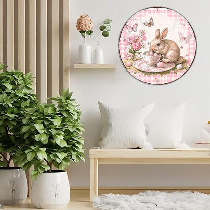 Easter Bunny in a Tea Cup Wreath Metal Sign Rustic Farmhouse Design Floral Spring Decor For Front Door Wall Art 12X12Inch
