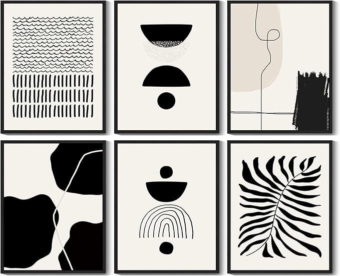 KUVIOKE Black Abstract Framed Wall Art Boho Room Decor Set of 6 Minimalist Geometric Line Art Bohemian Mid Century Modern Prints for Bedroom Living Room 8x10in (Black Framed)