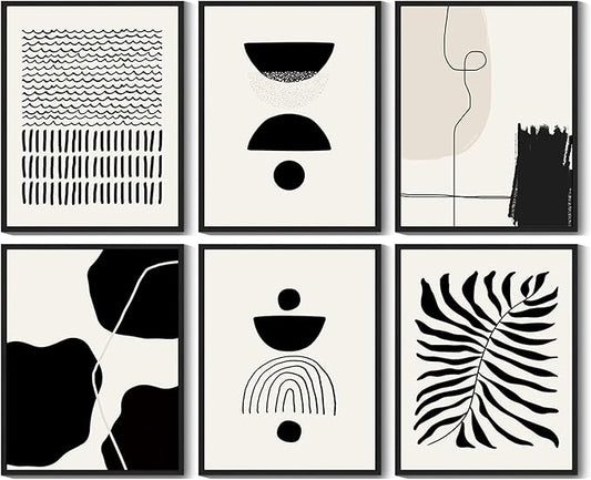 KUVIOKE Black Abstract Framed Wall Art Boho Room Decor Set of 6 Minimalist Geometric Line Art Bohemian Mid Century Modern Prints for Bedroom Living Room 8x10in (Black Framed)