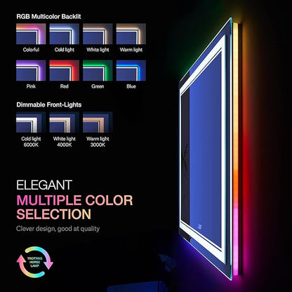 24x32 inch LED Bathroom Mirror RGB Color Changing Backlit Mirror Shatterproof Dimmable Anti-Fog Vanity Mirror with Double Lights (RGB Multicolor Backlit + Adjustable Front-Lighted)