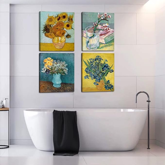 dgbtcart Sunflowers Irises Flower Vase by Vincent Van Gogh Canvas Wall Art, Classic Paintings Reproduction Prints Floral Artwork Posters for Home Decor 11"x14"x4 Pieces