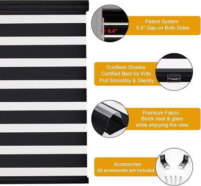 Persilux Cordless Zebra Blinds for Windows (34" W X 64" H, Black) Free-Stop Windows Shades Dual Layer Light Control for Day and Night, Light Filtering Sheer Shades for Home, Easy to Install