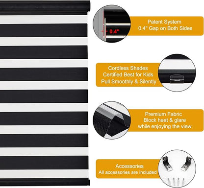 Persilux Cordless Zebra Blinds for Windows Free-Stop Roller Window Shades (35" W X 64" H, Black) Dual Layer Light Control for Day and Night, Light Filtering Sheer Shades for Home, Easy to Install