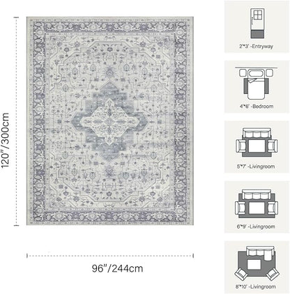Rugxara 8x10 Washable Area Rug for Living Room, Extra Large Vintage Boho Rugs for Office, Kids Room, Farmhouse, Durable Low Pile Non Slip Carpet for High Traffic Areas,Blue Quartz