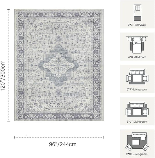 Rugxara 8x10 Washable Area Rug for Living Room, Extra Large Vintage Boho Rugs for Office, Kids Room, Farmhouse, Durable Low Pile Non Slip Carpet for High Traffic Areas,Blue Quartz