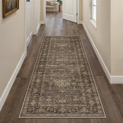 2x5 Washable Runner Rug for Hallway Kitchen Vintage Brown Non Slip Low Pile Carpet Traditional Retro Soft Throw Rug for Bathroom Bedroom Entryway Indoor Entrance