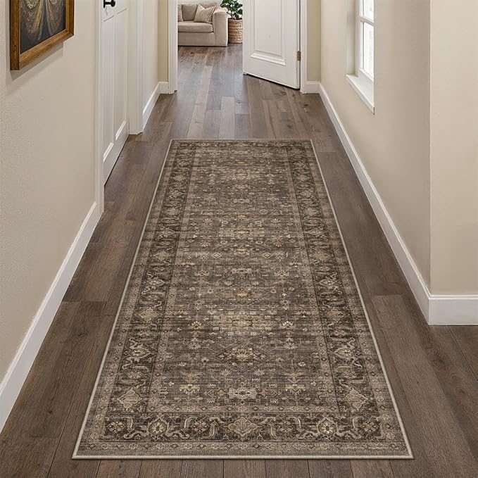 2x4 Washable Area Rug for Entryway Kitchen Vintage Brown Non Slip Low Pile Door Mat Traditional Retro Soft Small Carpet for Bathroom Bedroom Indoor Entrance Dorm