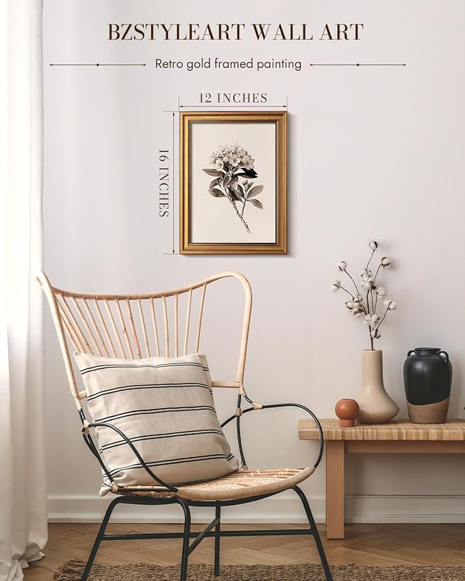 Bzstyleart Vintage Wall Art Decor, Canvas Framed Flower Wall Art, Sketch Painting Picture Vintage Home Decor Aesthetic for Living Room, Bathroom Pictures, Pennsylvania Mountain Laurel, 12L x 16W