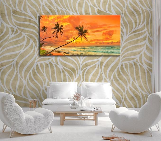 Tropical Beach Sunset Large Wall Art – Stretched & Framed Ocean Waves Canvas Painting, Palm Tree Landscape Farmhause Wall Artwork Decor for living Room Home, Bathroom Office (24x48 Inch)