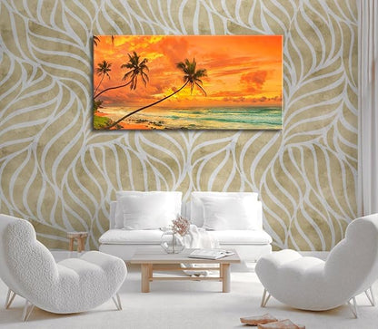 Tropical Beach Sunset Large Wall Art – Stretched & Framed Ocean Waves Canvas Painting, Palm Tree Landscape Farmhause Wall Artwork Decor for living Room Home, Bathroom Office (24x48 Inch)