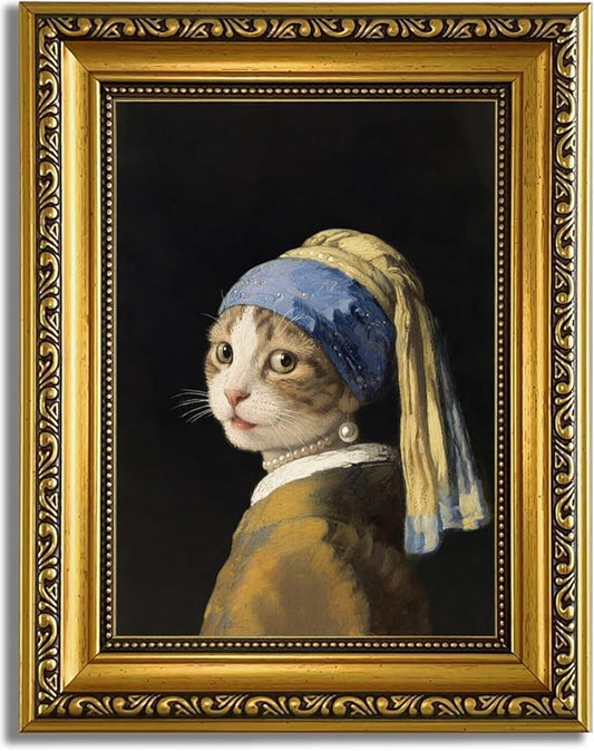 YD&YZY Gold Framed Funny Cat Wall Art Canvas Girl with a Pearl Earring Cat Wall Decor Unique Cute Animal Painting Picture Print for Bedroom Living Room Bathroom 8x10 inch Small Framed