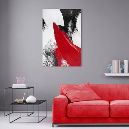 YPY Red Abstract Canvas Wall Art: Modern Minimalist Black and White Picture Handmade Textured Oil Painting Poster for Living Room Bedroom Bathroom Office Home Wall Decor 24x36