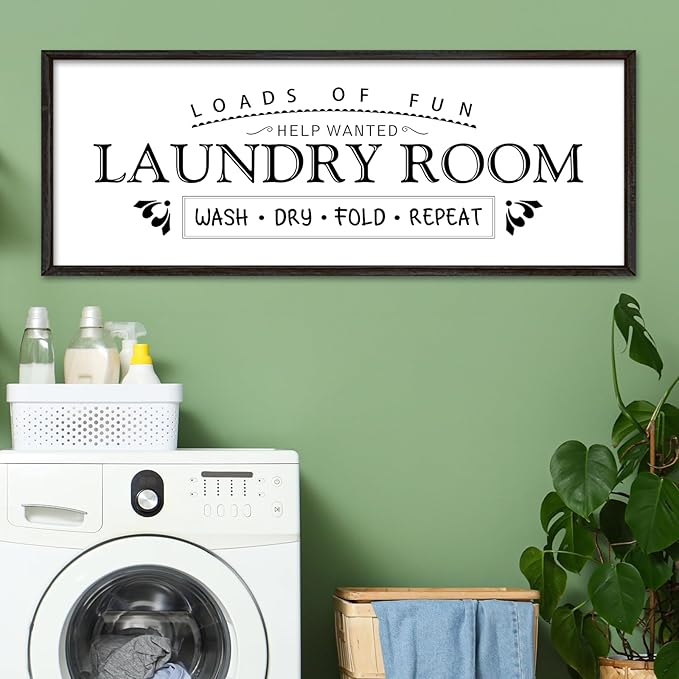 Wash Dry Fold Repeat Wall Decor Art 32"X12" Laundry Room Sign Bathroom Laundry Rules Large Wood Framed Wall Hanging (Black)