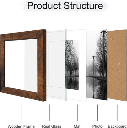 iRahmen 8x8 Picture Frame with Mat 6x6 - High Definition Real Glass Wooden Photo Frames for Tabletop Display and Wall Mounting (Dark Brown, Set of 2)