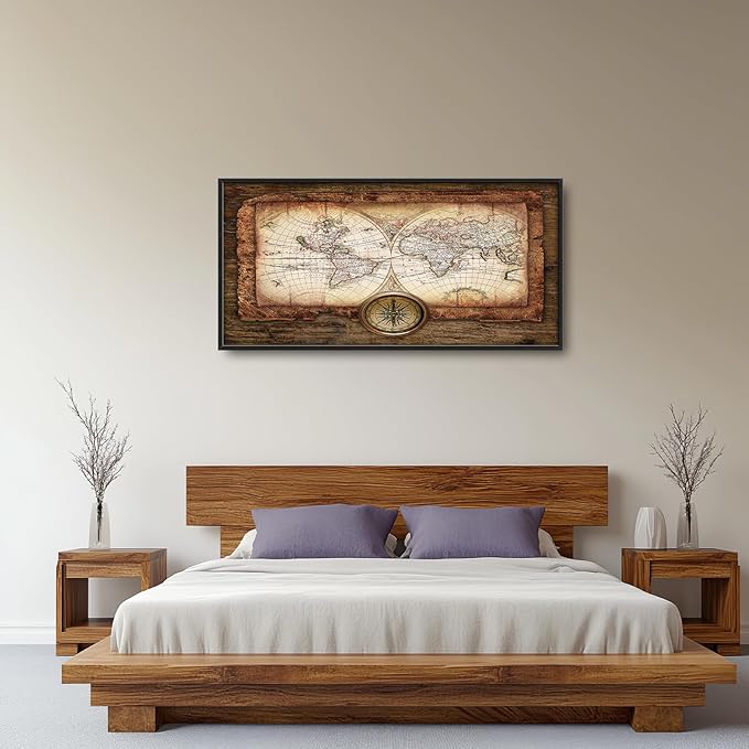 Large World Map Wall Art Vintage Maps Pictures Wall Decor for Office Abstract Farmhouse Oversized Canvas Painting Rustic Extra Large Framed Artwork for Bedroom Living Room Ready to Hang 30"x60"