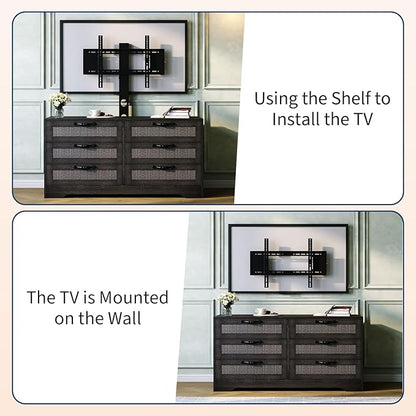 GarveeHome TV Stand with Mount for 32-85 Inch TVs - 47.2" Modern Entertainment Center with 6 Rattan Drawers, Media Console Table Storage for Living Room & Bedroom