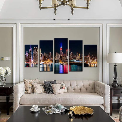 Biuteawal Large 5 Piece New York City Canvas Wall Art Manhattan Skyline at Night Picture Prints Modern Home Office Wall Decoration Gallery Wrapped Ready to Hang
