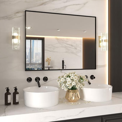 LOAAO 48"X32" Black Rectangle Bathroom Mirror Wall, Matte Black Aluminum Alloy Frame, Tempered Glass, Hangs Vertically or Horizontally, Easy to Install