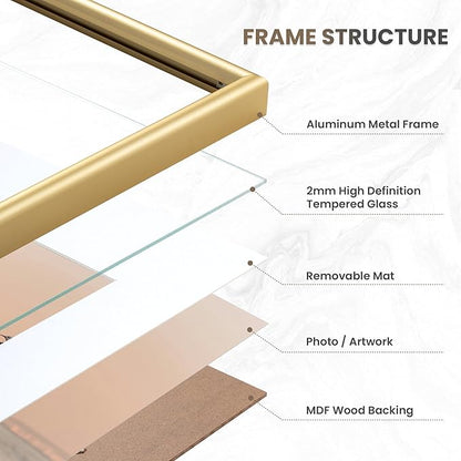 Fun Memories 12x16 Picture Frame Gold, Aluminum Picture Frames 12"x16", 12x16 Picture Frame with Mat for 8.5x11, 12 by 16 Frame Real Glass, 12 x 16 Metal Frame for Home Decor