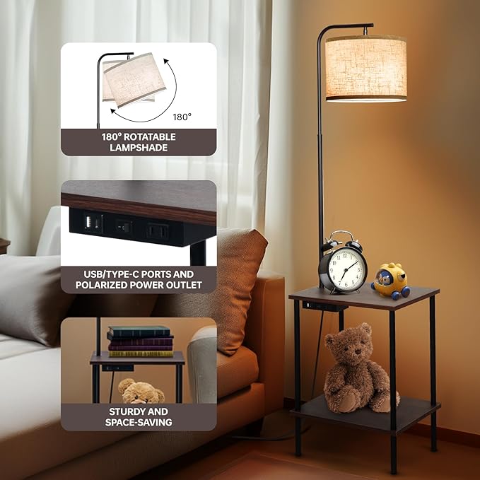 EOEYYOYB Floor Lamp with Table, End Table Lamp with USB Charging Port Power Outlet and Shelves, Side Table Reading Light with 3 Color Temperature Led Bulb Included, Floor Lamps for Living Room, Walnut