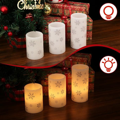 Silver Snowflake Flameless Flickering Candles Battery Operated with 6H Timer, 3 Pack Real Wax Warm Light LED Pillar Candles Dinner Tabletop Holiday Centerpiece Decor 3" x 6"
