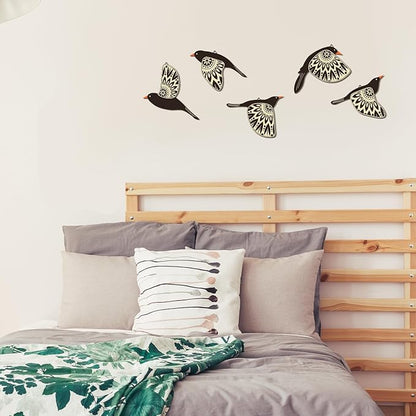 Barydat 5 Pcs Wooden Bird Wall Art Wood Flying Birds Wall Decor Rustic Folk Art Scandinavian Home Decor for Gift Living Room Bedroom Kitchen Office(Black)