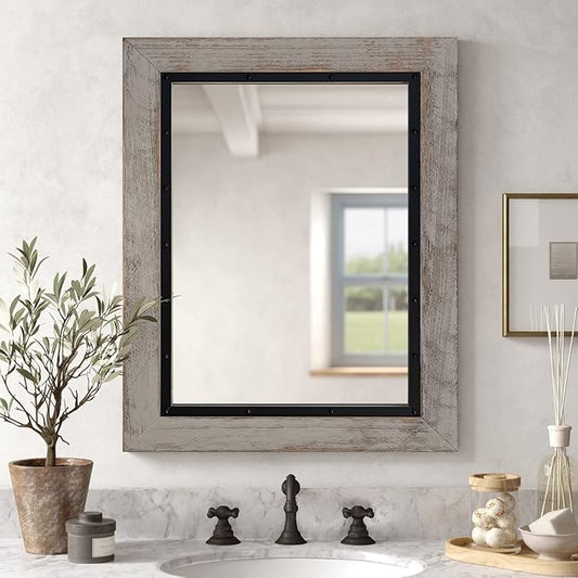 YOSHOOT Rustic Wooden Framed Wall Mirror, Natural Wood and Iron Bathroom Vanity Mirror for Farmhouse Decor, Vertical or Horizontal Hanging, 53" x 28", Grey